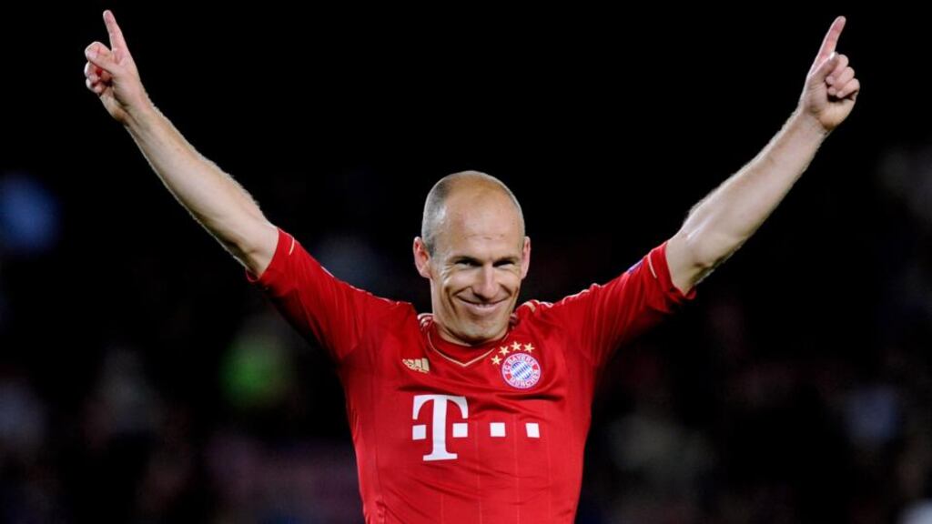 Bayern Munich’s Arjen Robben celebrates reaching the final following his team’s victory over Barcelona at Camp Nou. Photograph: Photograph: David Ramos/Getty Images