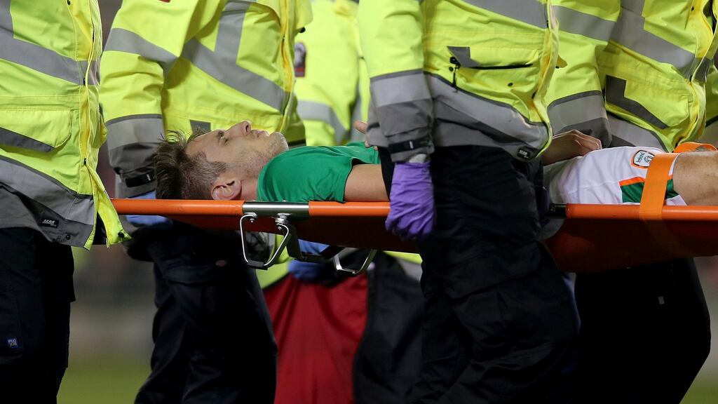 Republic of Ireland forward Kevin Doyle leaves the pitch on a stretcher during the friendly international at the Aviva Stadium. Photograph: Donall Farmer/Inpho