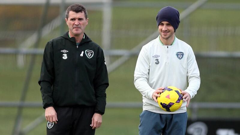 New Republic of Ireland assistant manager Roy Keane and Shane Long in Malahide during the international break. Photograph: Donall Farmer/Inpho