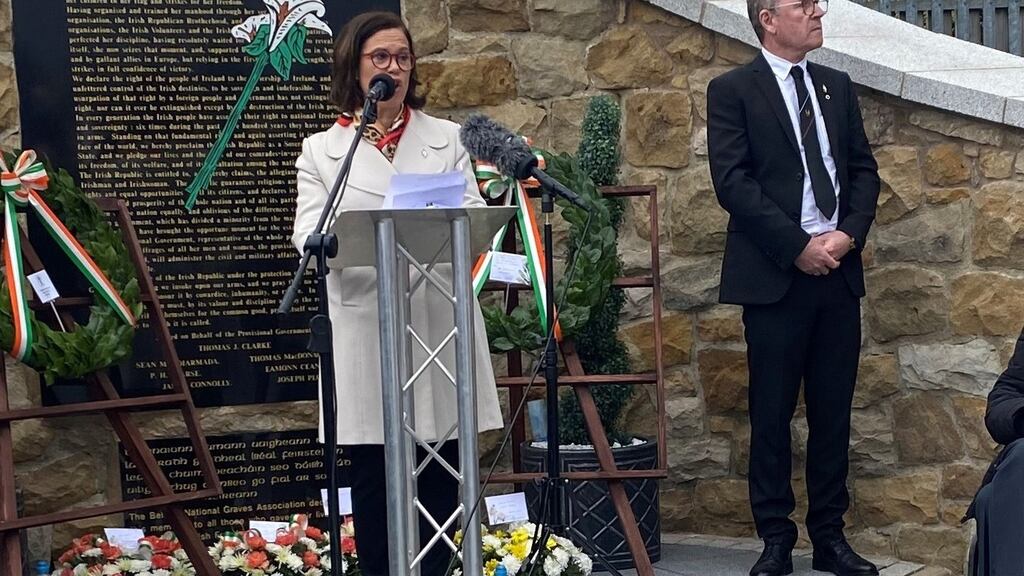 Sinn Féin leader Mary Lou McDonald addressing the National Graves Association commemoration to mark the anniversary of the 1916 Easter Rising, in Milltown Cemetery, Belfast. Photograph: Cate McCurry/PA Wire