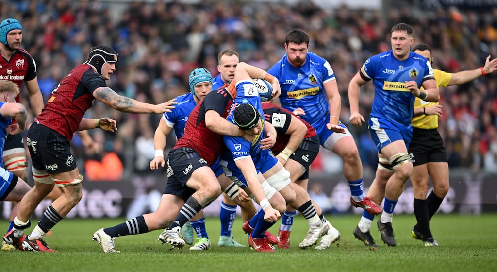 Investec Champions Cup Round 2, Sandy Park, Exeter, England 17/12/2023
Exeter Chiefs vs Munster
Jack Dunne of Exeter Chiefs is tackled Stephen Archer of Munster Rugby
Mandatory Credit ©INPHO/Ashley Crowden