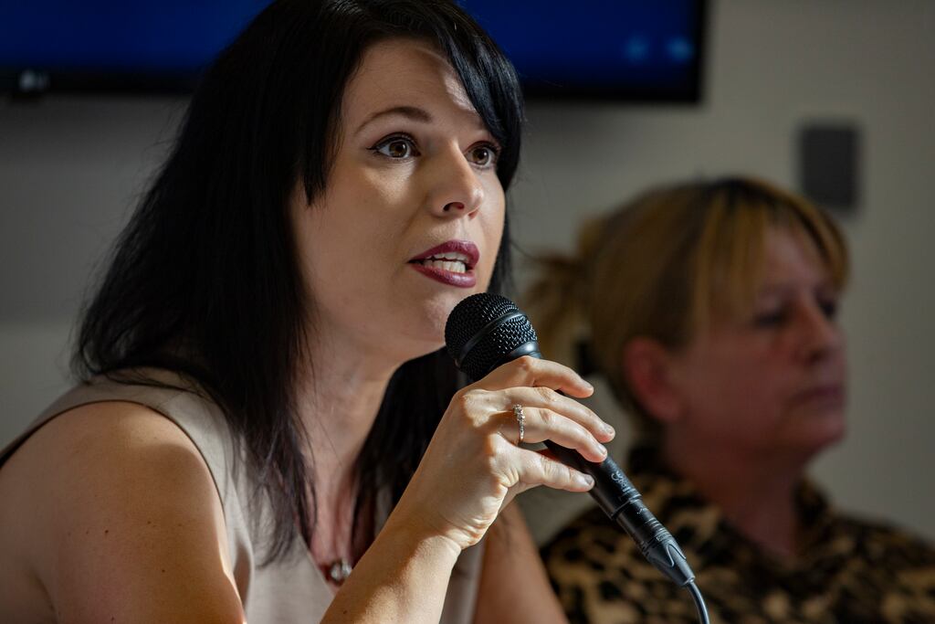 Gráinne Teggart, left, deputy director of Amnesty International in Northern Ireland, with Martina Dillon, whose husband Seamus was shot dead by loyalists in Dungannon in 1997. Photograph: Liam McBurney/PA Wire