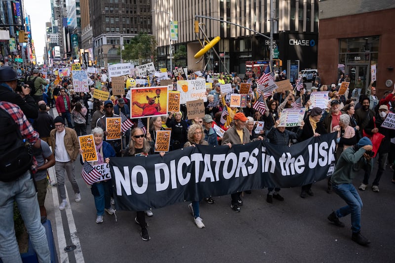 People marching in the 'No Kings' protest against the Trump administration in New York on Saturday. Photograph: Angelina Katsanis/European Pressphoto Agency