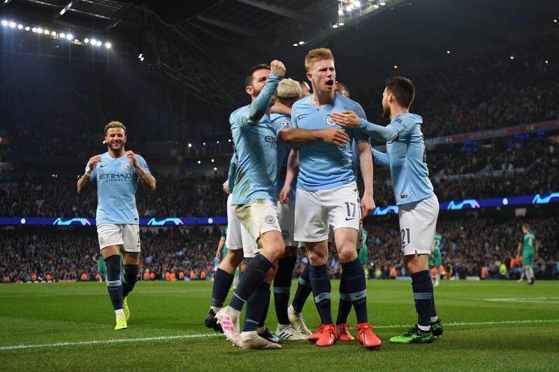 Kevin De Bruyne and Bernardo Silva of celebrate with teammates after their team’s fourth goal during the UEFA Champions League quarter final second leg match against Tottenham Hotspur at the Etihad Stadium on April 17th. Photograph: Shaun Botterill/Getty