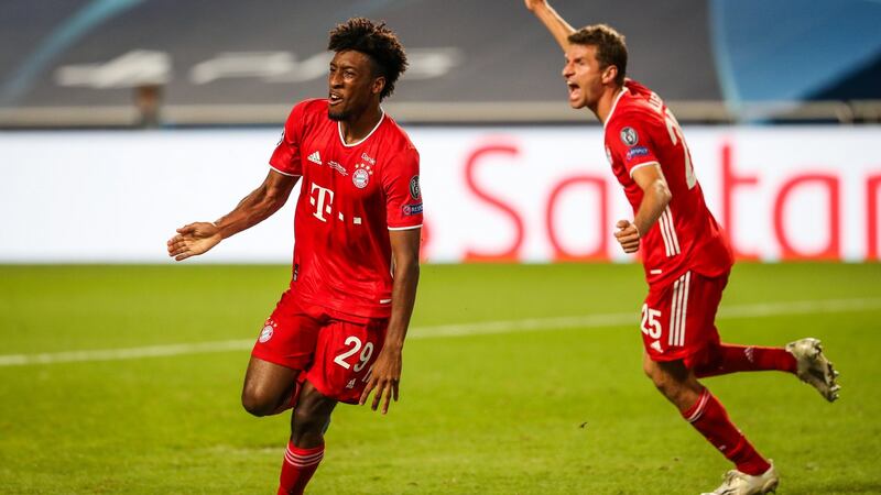 Bayern Munich’s Kingsley Coman celebrates after scoring in the Champions League final. Photograph: EPA