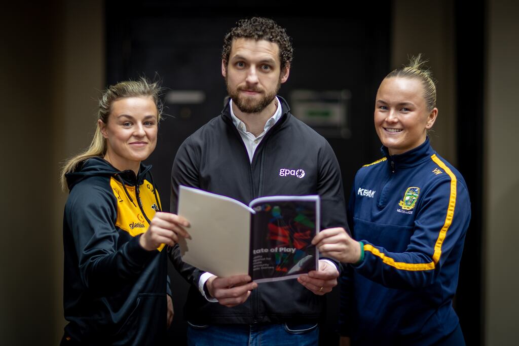 Kilkenny's Grace Walsh, GPA chief executive Tom Parsons and Meath's Vikki Wall at the launch of the GPA's State of Play equality report. Photograph: Morgan Treacy/Inpho