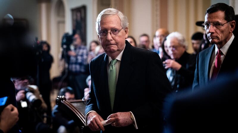 Senate majority Leader Mitch McConnell leaves a news conference at the Capitol in Washington. He has hinted that he favours a swift trial early next year. Photograph: Erin Schaff/The New York Times