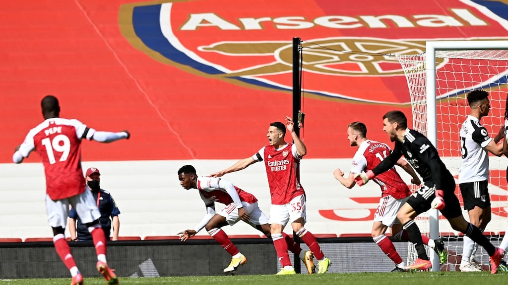 Arsenal’s Eddie Nketiah (centre left) celebrates scoring their side’s first goal of the game during the Premier League draw with Fulham at the Emirates Stadium. Photo: Facundo Arrizabalaga/PA Wire