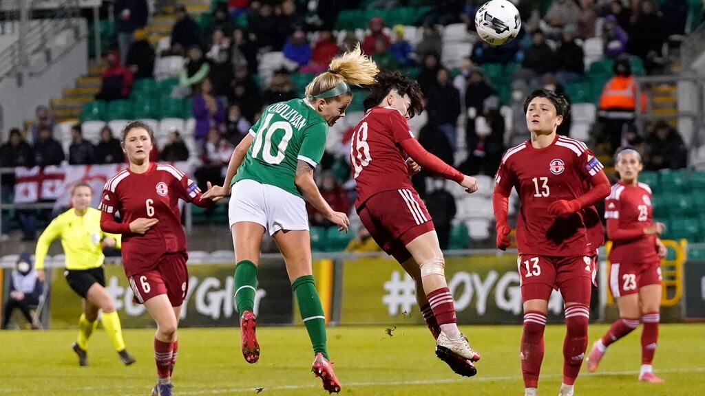 Denise O’Sullivan heads home Ireland’s sixth goal to complete her hat-trick during the World Cup qualifier against Georgia at Tallaght Stadium. Photograph: Niall Carson/PA Wire
