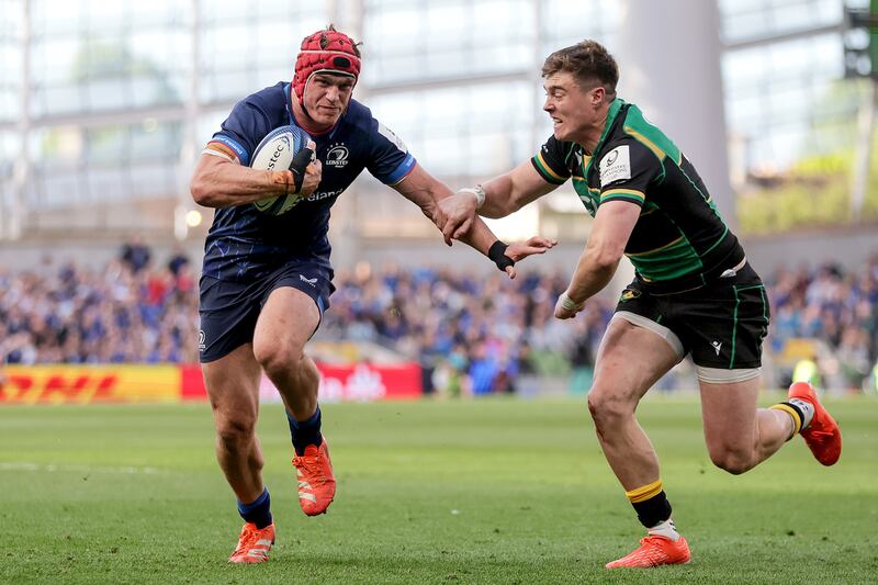 Leinster's Josh van der Flier scores a try during last Saturday's Champions Cup semi-final defeat to Northampton Saints at the Aviva Stadium. Photograph: Laszlo Geczo/Inpho