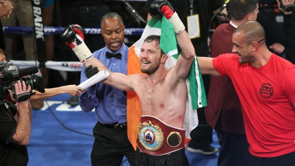 Andy Lee celebrates becoming WBO middleweight world champion after victory over Matt Korobov at the The Cosmopolitan in Las Vegas. Photograph: INPHO/Raymond Spencer