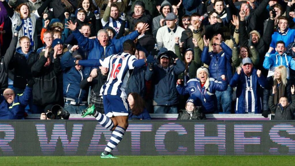 West Bromwich Albion’s Victor Anichebe celebrates after scoring the equaliser. Photograph: Darren Staples/Reuters