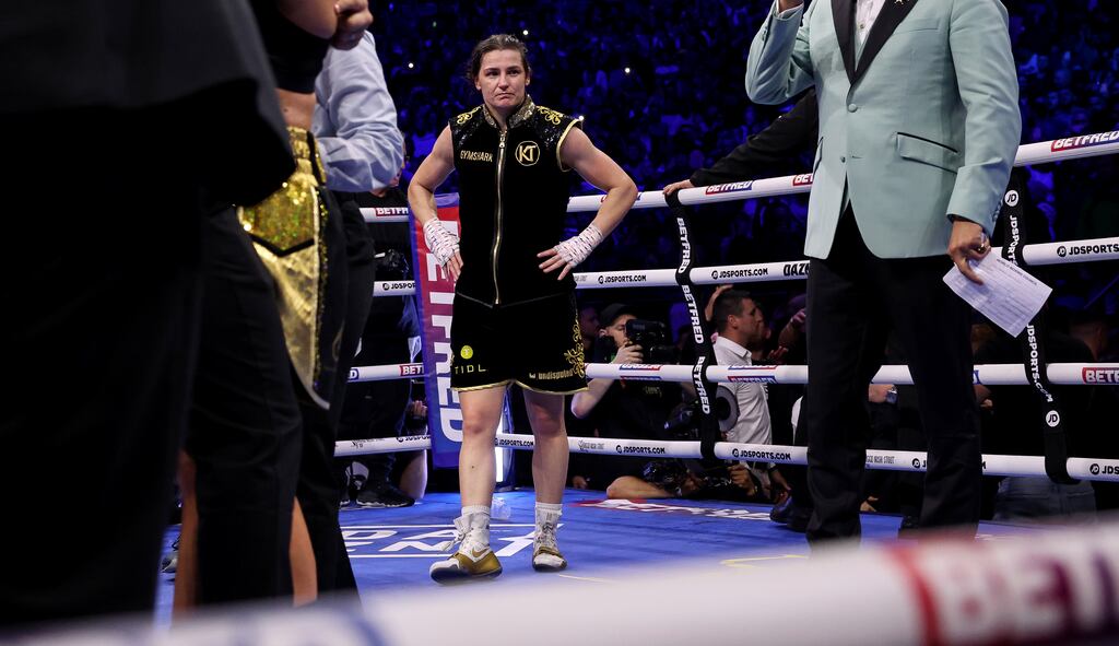 Katie Taylor reacts after her loss to Chantelle Cameron on Saturday night at the 3Arena. Photograph: Gary Carr/Inpho