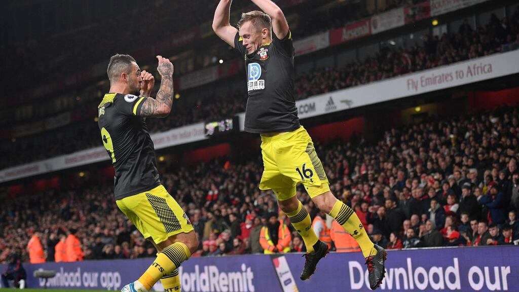 Southampton’s James Ward-Prowse celebrates with Danny Ings after scoring their second goal during the Premier League at the Emirates stadium. Photograph: Daniel Leal-Olivas/AFP via Getty Images