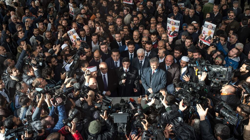 A symbolic funeral service for Saudi journalist Jamal Khashoggi, killed and dismembered in the Saudi consulate in Istanbul, takes place at the courtyard of Fatih mosque in Istanbul on Friday. Photograph: Bulent Kilic/AFP/Getty Images
