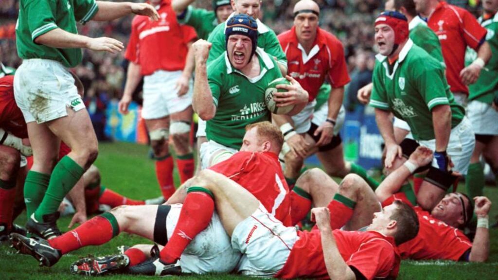 Paul O’Connell scoring the try he doesn’t remember on his international debut against Wales in Lansdowne in 2002. “I didn’t score a try. You’re only saying that to get me to come off.” Photograph: Inpho/Allsport