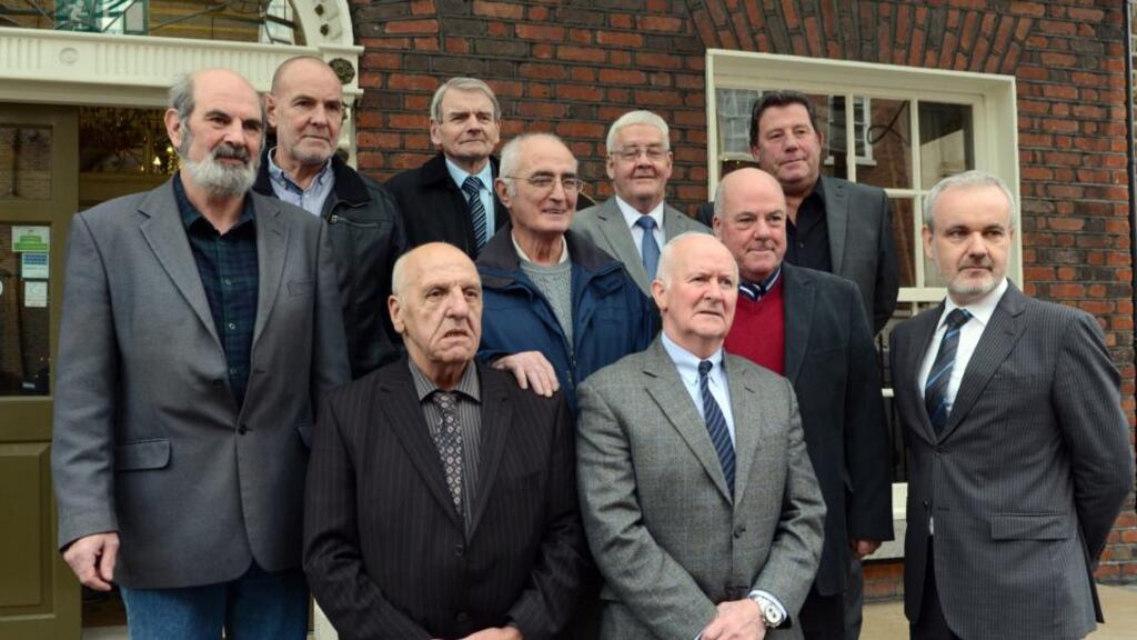 Pictured at the ‘Hooded Men’ Amnesty press conference in Dublin. From left: Micheal Donnelly, Patrick Mc Nally Brian Turley, Gerry McKerr, Francis Mc Guigan, Joe Clarke, Jim Auld, Front (from left): Kevin Hannaway, Liam Shannon and Colm O’Gorman (standing sideways). Photograph: Cyril Byrne.