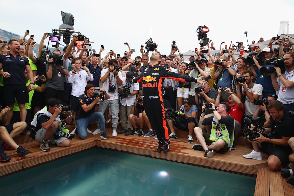 Daniel Ricciardo celebrates with a swan dive into the Red Bull pool after winning the 2018 Monaco Grand Prix. Photograph: Mark Thompson/Getty Images