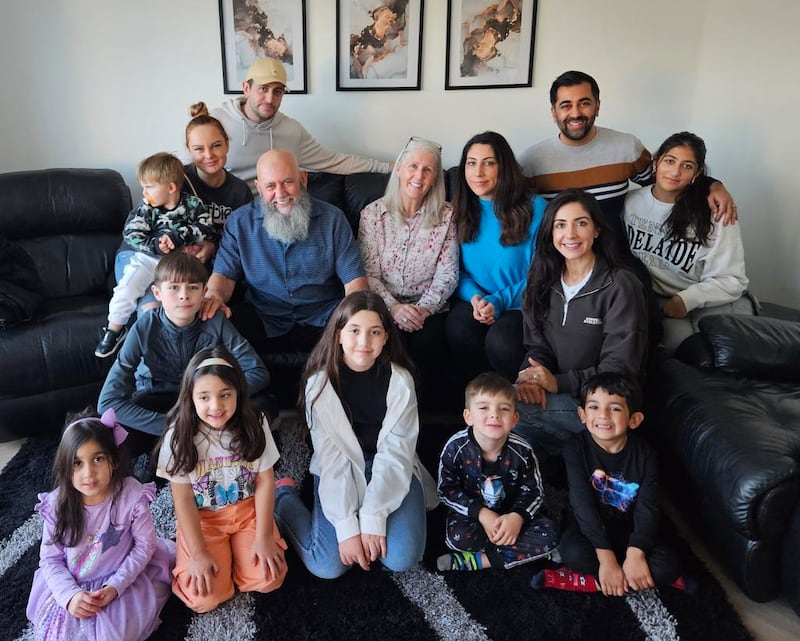 Humza Yousaf shares a family photo which includes his wife Nadia, and her parents, Elizabeth and Maged El-Nakla who have arrived in Scotland safely after fleeing the conflict in the Gaza Strip. Photograph: X/@HumzaYousaf/PA Wire