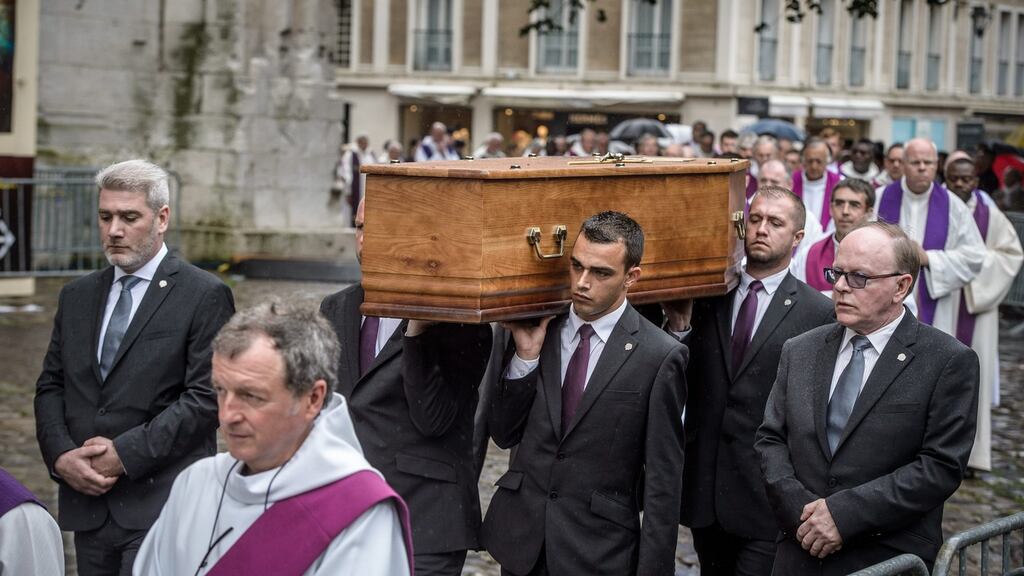The coffin of priest Jacques Hamel is carried into the Notre Dame cathedral in Rouen for his funeral ceremony. Fr Hamel was killed on July 26th in a terror related attack, in Saint-Etienne-du-Rouvray. Photograph: Christophe Petit Tesson/EPA.