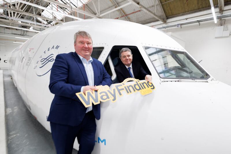 Senator Martin Conway, who is visually impaired, with Minister for Public Expenditure Paschal Donohoe at the preview of the Wayfinding Centre in the old Smurfit-Kappa printworks in Glasnevin, Dublin. Photograph: Andres Poveda