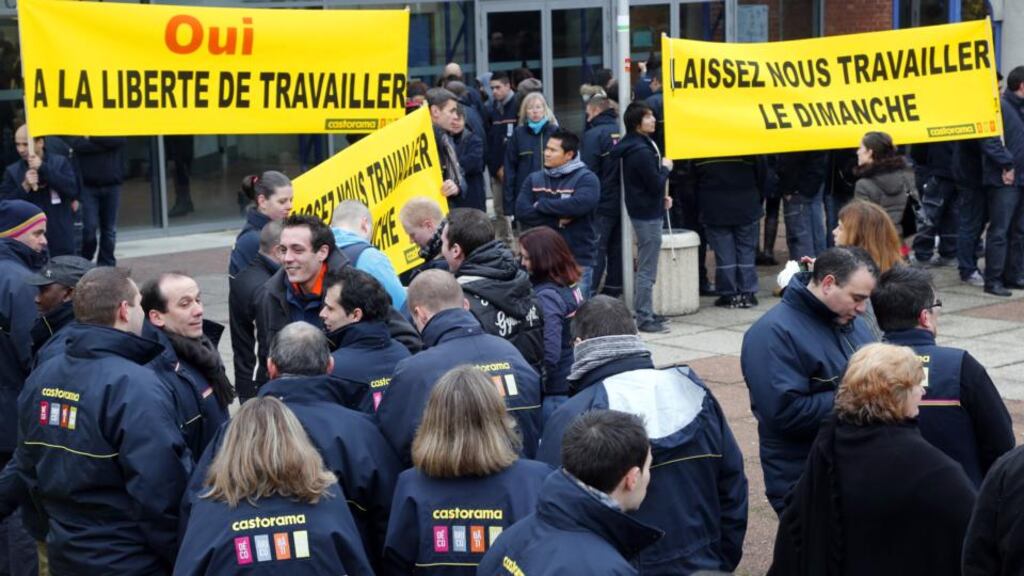 Employees of French tools and supplies retailer Castorama demonstrate to ask for the right to open the stores on Sundays. Photograph: Pierre Verdy/ AFP/Getty Images)