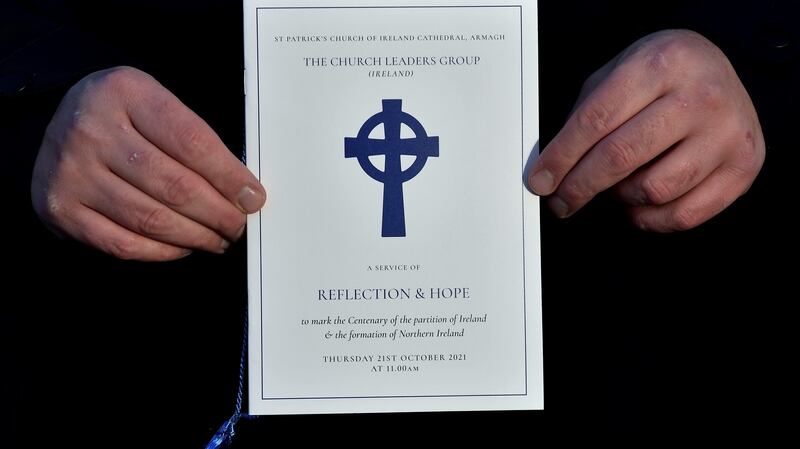 An order of service is displayed ahead of the ‘Reflection & Hope’ event to mark the centenary of Northern Ireland at Saint Patrick’s Church of Ireland Cathedral in Armagh. Photograph: Charles McQuillan/Getty Images