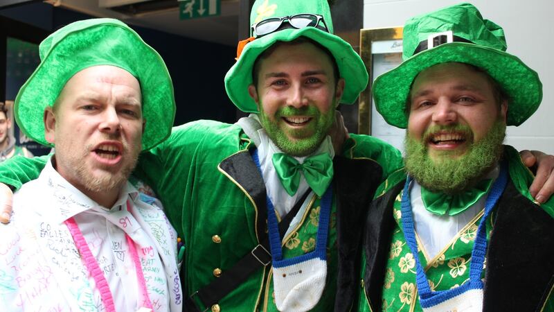 Sebastian Hausimger, Andi Schüßler, Hubert Zimmer on a stag party on St Patrick’s Day in Dublin. Photograph: Jack Power