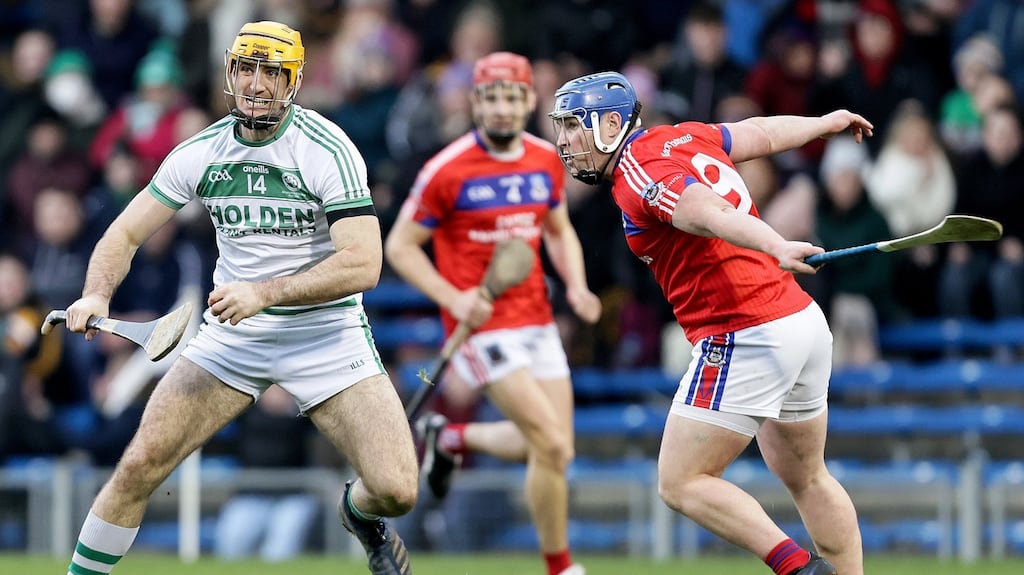 Ballyhale Shamrocks’ Colin Fennelly and Bernard Burke of St Thomas in action during the All-Ireland club semi-final at FBD Semple Stadium. Photograph: Laszlo Geczo/Inpho