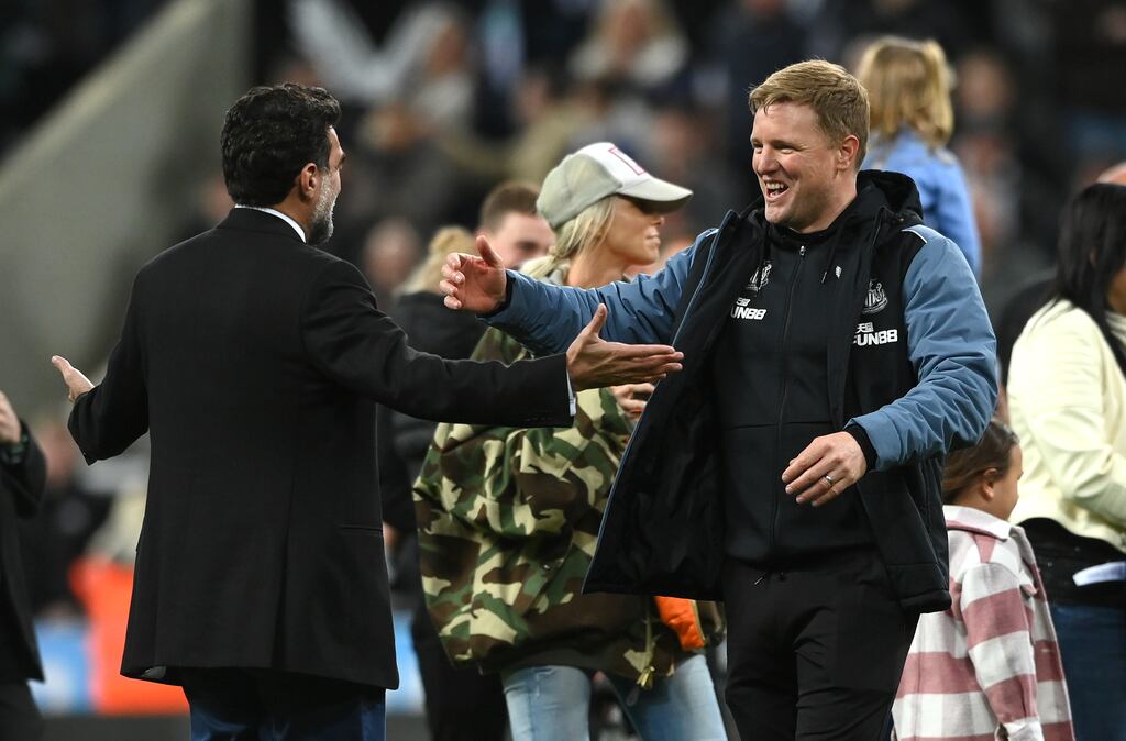 Newcastle manager Eddie Howe with chairman Yasir Al-Rumayyan. Photograph: Stu Forster/Getty