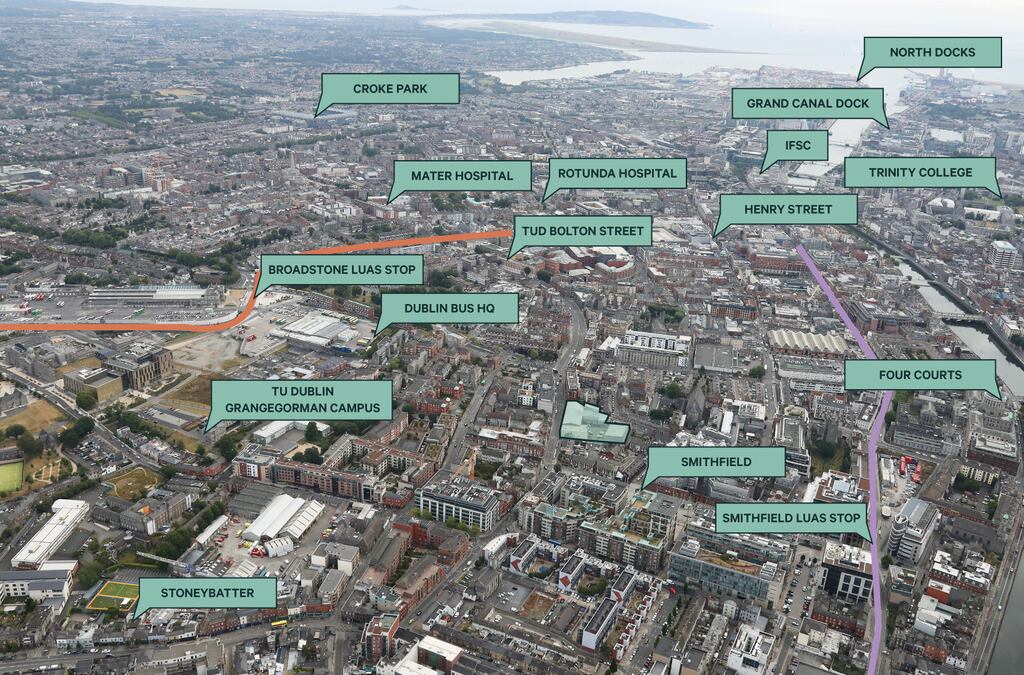 An aerial view of the North King Street site, which is for sale for €8 million