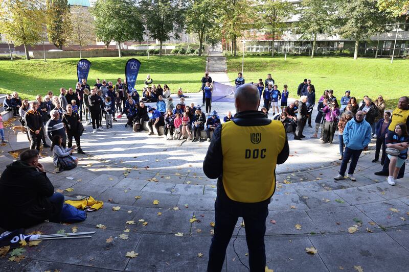 Members and supporters of Sporting Liberties protest outside the Dublin City Council's Civic Offices. Photograph: Dara Mac Dónaill