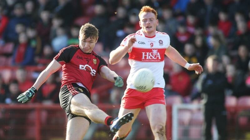 Caolán Mooney is leading from the half-back line for Down. Photograph: Lorcan Doherty/Inpho