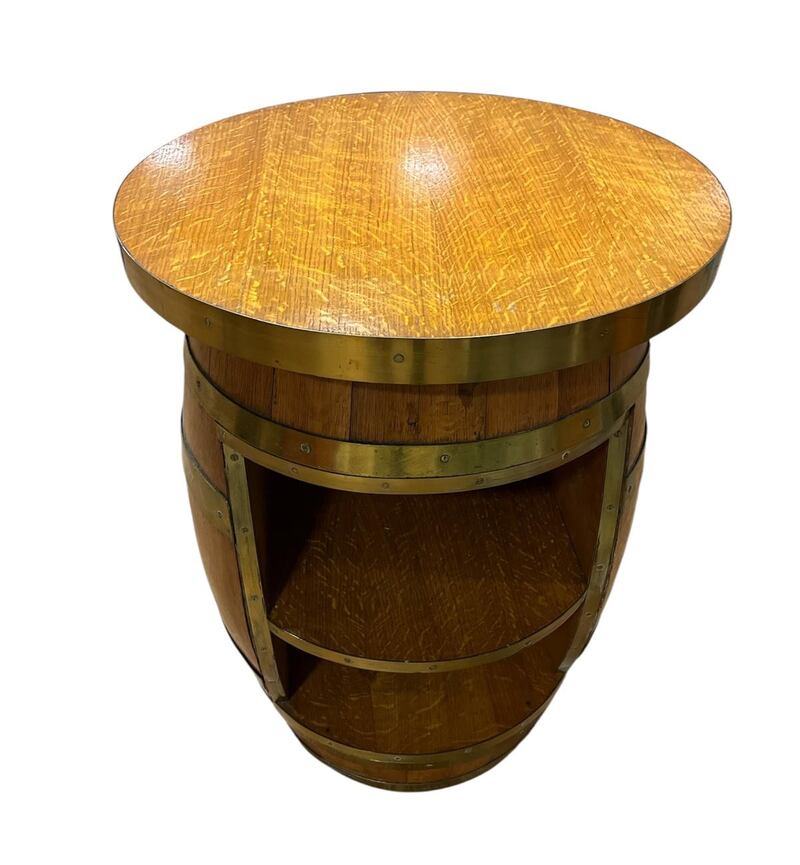 Vintage oak and brass barrel with two open shelves (€100–€150) at Mullens online timed auction