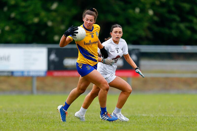 Lisa O'Rourke in action for Roscommon against Laoise Lenehan of Kildare during the TG4 All-Ireland Intermediate Championship in June. Photograph: Ashley Cahill/Inpho