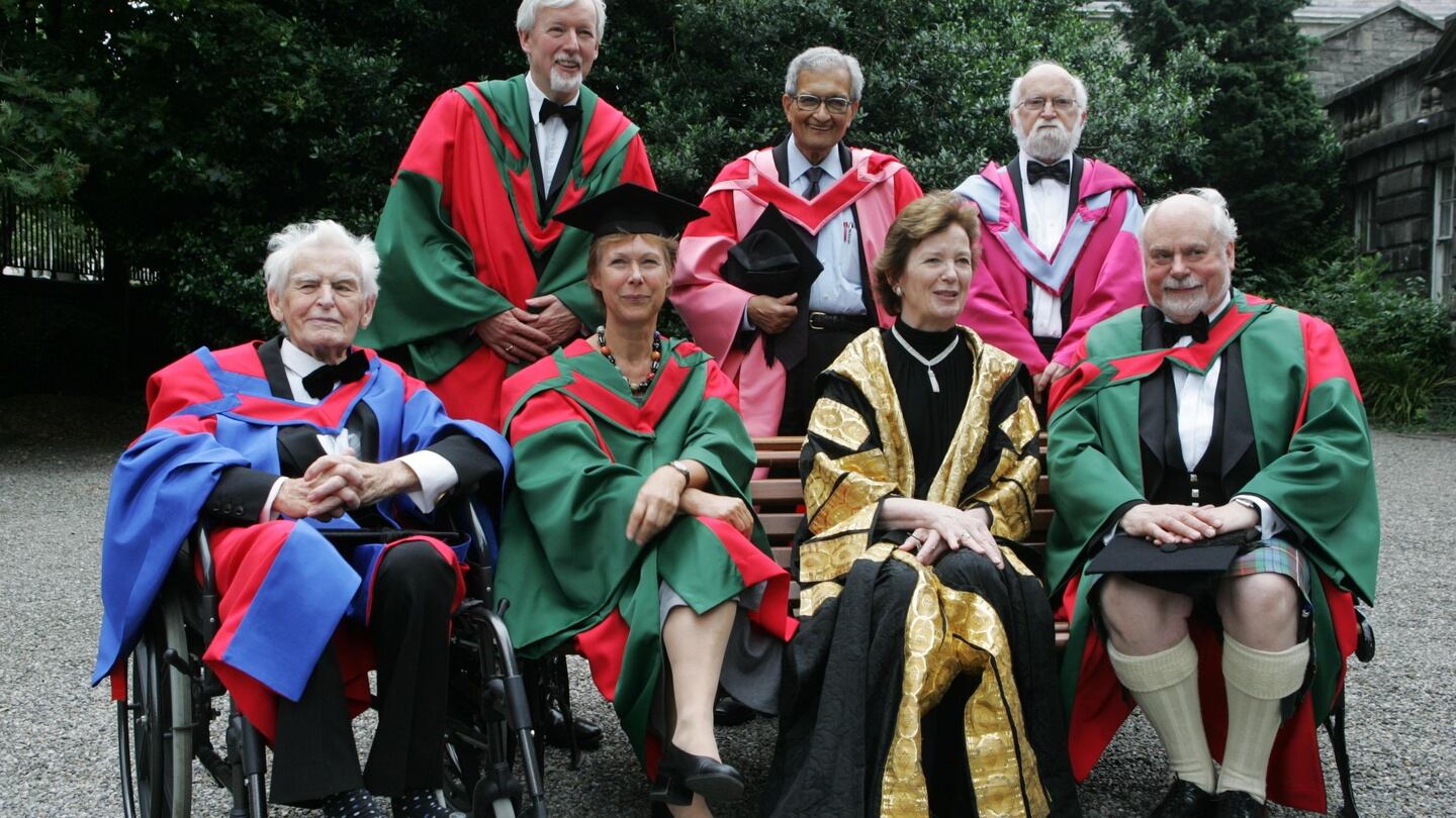 Recipients of honorary degrees at Trinity College in 2009: seated from left are Patrick Scott, Prof Janet Browne, Chancellor Mary Robinson and Prof Sir Fraser Stoddart. Standing from left are Provost Dr John Hegarty, Prof Amartya Sen and Robert Dunbar. Photograph: Cyril Byrne