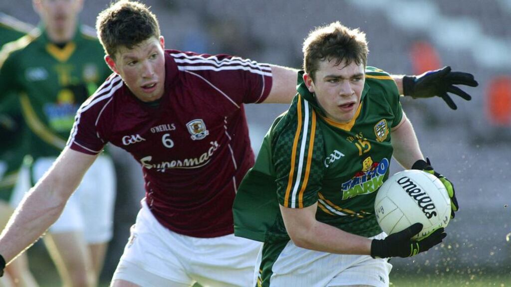 Meath’s Joey Wallace is put under pressure by Galway’s Garreth Bradshaw during their Allianz Football League Division Two match at Pearse Stadium, Salthill, Co Galway. Photograph: Inpho