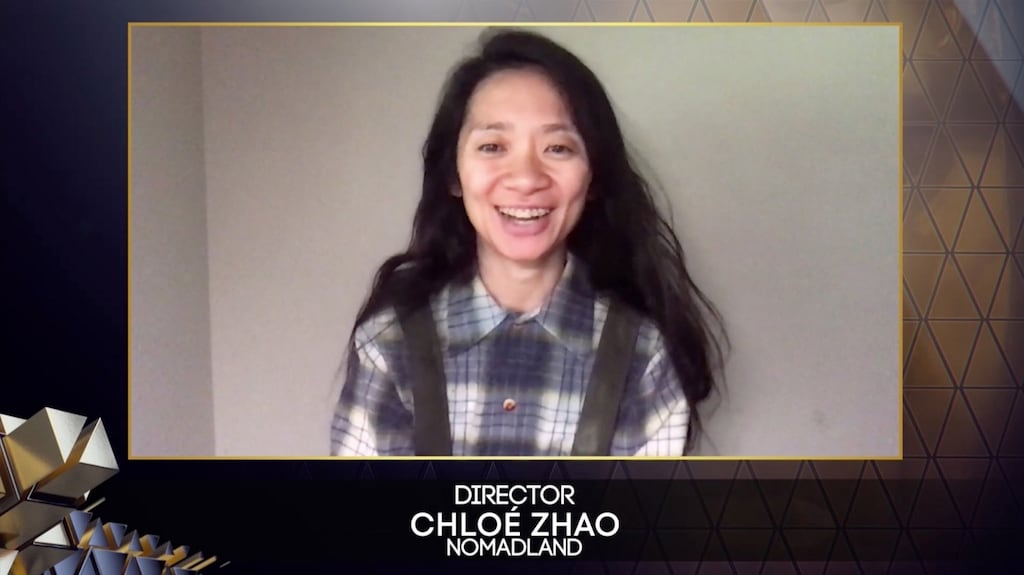 Chloe Zhao accepting the award for best ‘Director’ for ‘Nomadland’ during the 74th Baftas