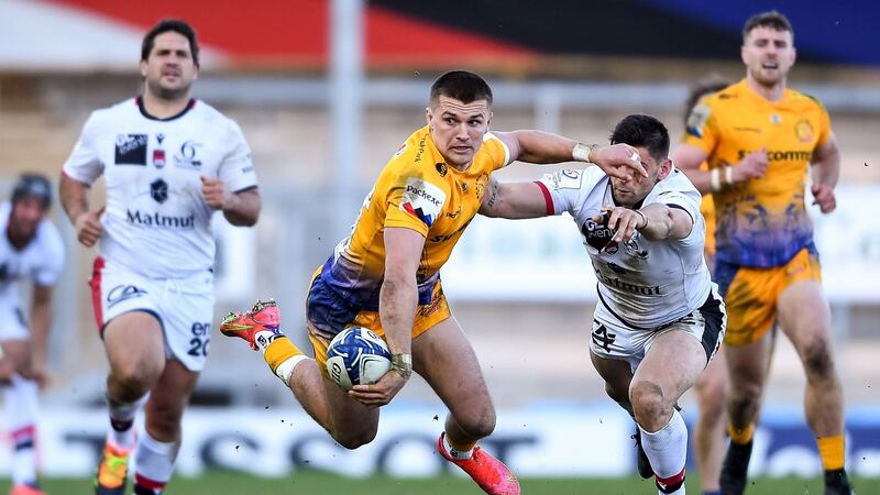 Henry Slade of Exeter Chiefs is challenged by Xavier Mignot of Lyon. Slade has been one of my favourite players since I retired back in 2015. Photograph: Ryan Hiscott/Inpho