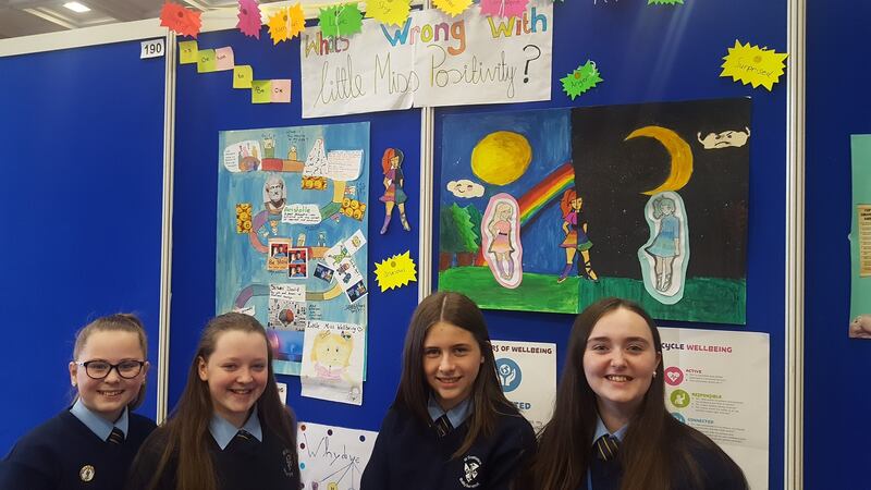Leona Egan, Ellen Purcell, Tori Kinsella and Sophie Burke from St Dominic’s College, Ballyfermot with their project ‘What’s wrong with Little Miss Positivity?’