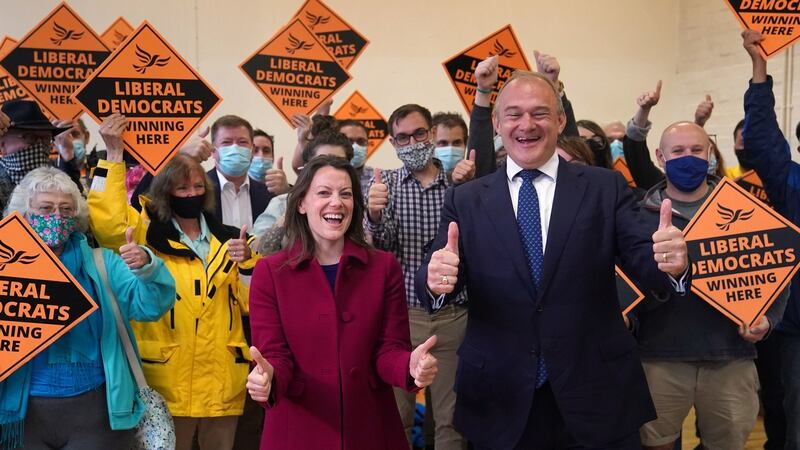 Liberal Democrat leader Ed Davey and new Liberal Democrat MP for Chesham and Amersham Sarah Green. Photograph: Steve Parsons/PA Wire
