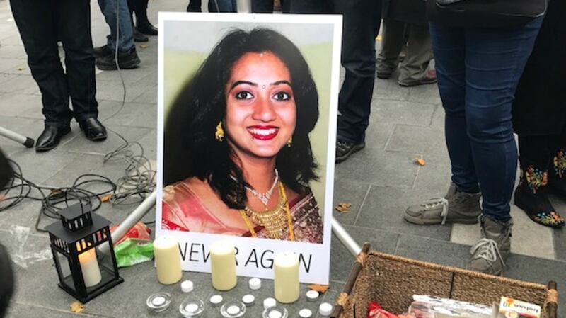 A poster of Savita Halappanavar erected on O’Connell Street, Dublin, during a vigil in her memory today. Photograph: Áine McMahon/The Irish Times
