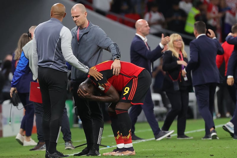 Romelu Lukaku is consoled by Belgium assistant manager Thierry Henry after the game against Croatia. Photograph: Virginie Lefour/AFP via Getty Images