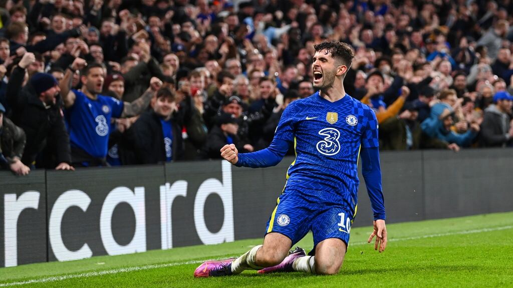 Christian Pulisic celebrates after scoring Chelsea’s second goal during the Champions League round of 16 first leg against Lille at Stamford Bridge. Photograph: Shaun Botterill/Getty Images