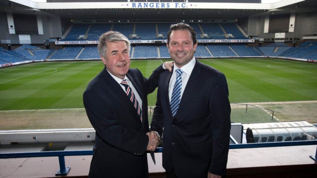 Rangers chairman Malcolm Murray (left) welcoming the appointment of Craig Mather as the new chief operating officer and interim chief executive during a photocall at Ibrox Stadium. Photograph: Kirk O’Rourke/Rangers FC/PA Wire.