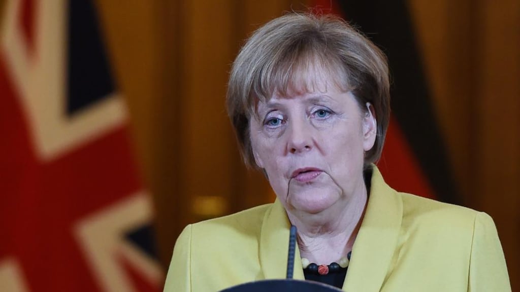 German chancellor Angela Merkel speaks during a press conference with British prime minister David Cameron. Photograph: Andy Rain/EPA