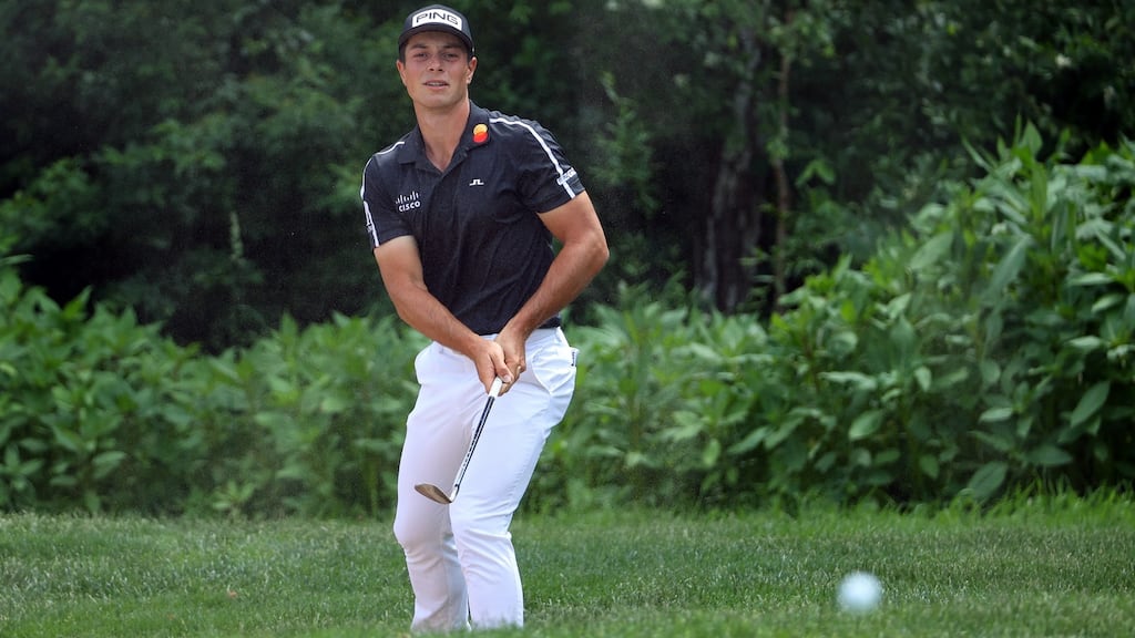 Viktor Hovland of Norway plays his second shot on the fifth hole during the third round of the BMW International Open at Golfclub Munchen Eichenried in Munich. Photograph: Andrew Redington/Getty Images