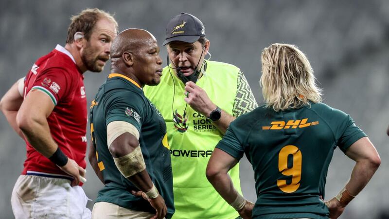South Africa head coach Rassie Erasmus speaks to Bongi Mbonambi and Faf de Klerk during the first Test against the British and Irish Lions in the summer. Photograph: Dan Sheridan/Inpho