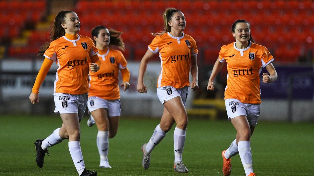 Glasgow City players celebrate after their penalty shoot-out win over Peamount United in the Uefa Women’s Champions League qualifier at Broadwood Stadium in Glasgow. Photograph: Ross MacDonald/SNS Group via Getty Images