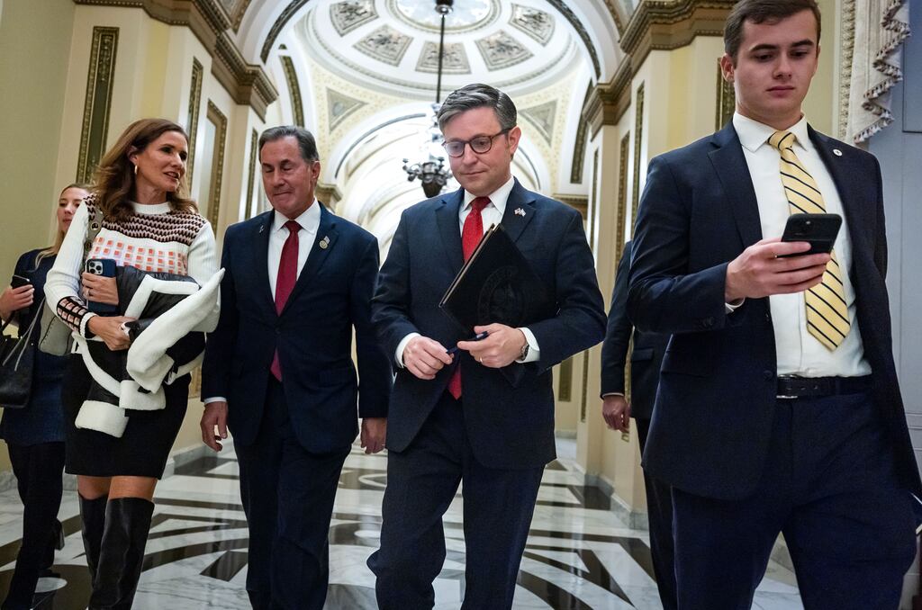 Republican Speaker of the House Mike Johnson (C) walks off the House floor after the House passed his two-tier continuing resolution (CR) to keep the US government from shutting down in the US Capitol in Washington. Photograph: Shutterstock